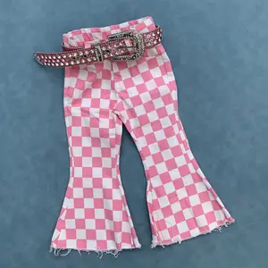 Kids Girls Pink Checkered Jeans Bell Bottoms