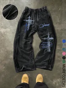 Unisex Gothic Street Style Saint's lettering and Gothic cross pattern print Cotton Sweatpants, Loose Fit Elastic Waist, Casual Fashion Pants for All Seasons,Gothic outfits， Men's Daily Wear Gift