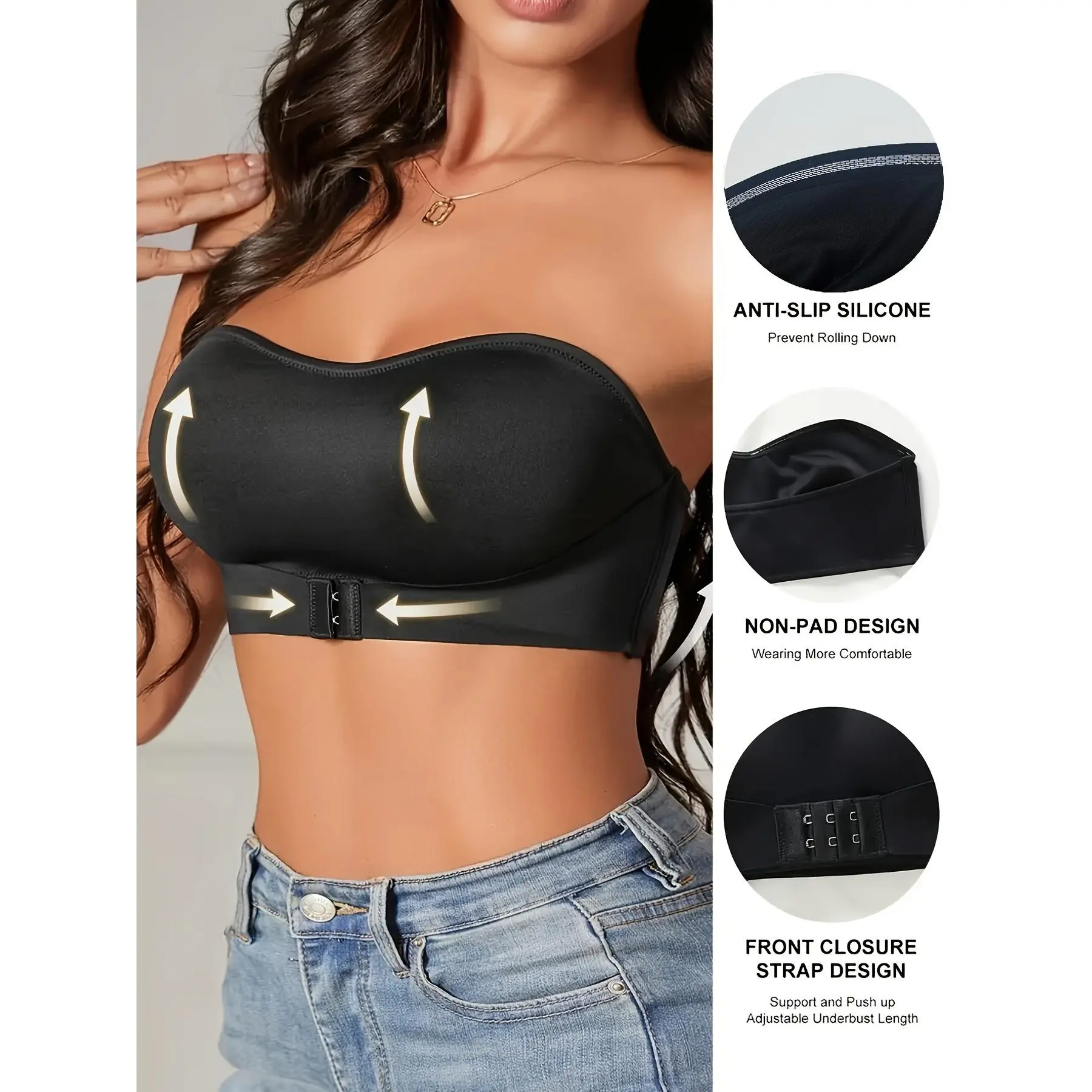 Women's Strapless Bandeau Bra, Solid Seamless Polyamide with a Basic Wireless Design, No Padding and Prevents Rolling Down for Sports, Push Up, Prevent Rolling Down