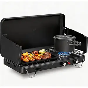 2-in-1 Camping Stove with Propane Griddle, 15000 BTU Portable Gas Stove with Auto-Ignition, Foldable Windshield & Carry Handle, Camp Stove for Outdoor Cooking, BBQ, Frying, Camping, Tailgating