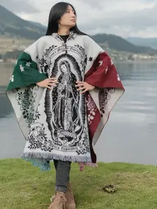 Indigenous Hands Unisex Alpaca Poncho - Lady of Guadalupe Mexican Flag One Size Handmade by Indigenous Artisans with Unique Design - Fits, Clothes