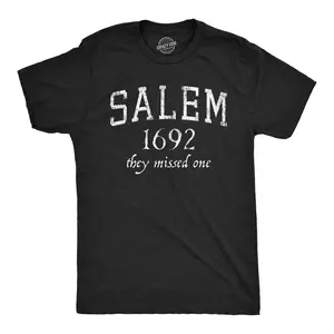 Mens Salem Mass 1692 They Missed One T Shirt Funny Halloween Witch Hunt Joke Tee for Guys Mens Funny T Shirts Cool Vintage Fashion T-Shirt Gift Classic Menswear Halloween Apparel for Men Funny Sarcastic Short Black -