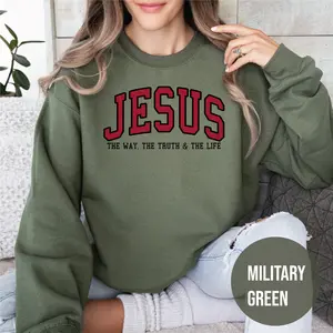 Women's Long Sleeve "Jesus The Way The Truth The Life" Christian Faith Crewneck Sweatshirt, Casual Streetwear Pullover, Mama Leopard Print Everyday Inspirational Gift, Available in Black