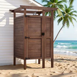 AHB Solid Wood Outdoor Shower Enclosure, Privacy Shower Stall with Built-In Shelves & Lockable Door, Weatherproof Outdoor Changing Room for Poolside, Beach, Backyard