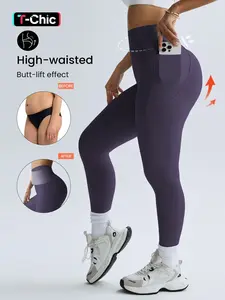 Women's Solid High Waist Sports Pocket Stretchy Workout Leggings, Comfortable Breathable Stretch Fabric for Yoga and Gym, All-Season Activewear Bottoms