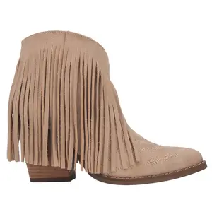 Dingo Womens Tangles Fringe Embroidered Pointed Toe Pull On  Dress Boots Ankle High Heel 3" & Up - Beige