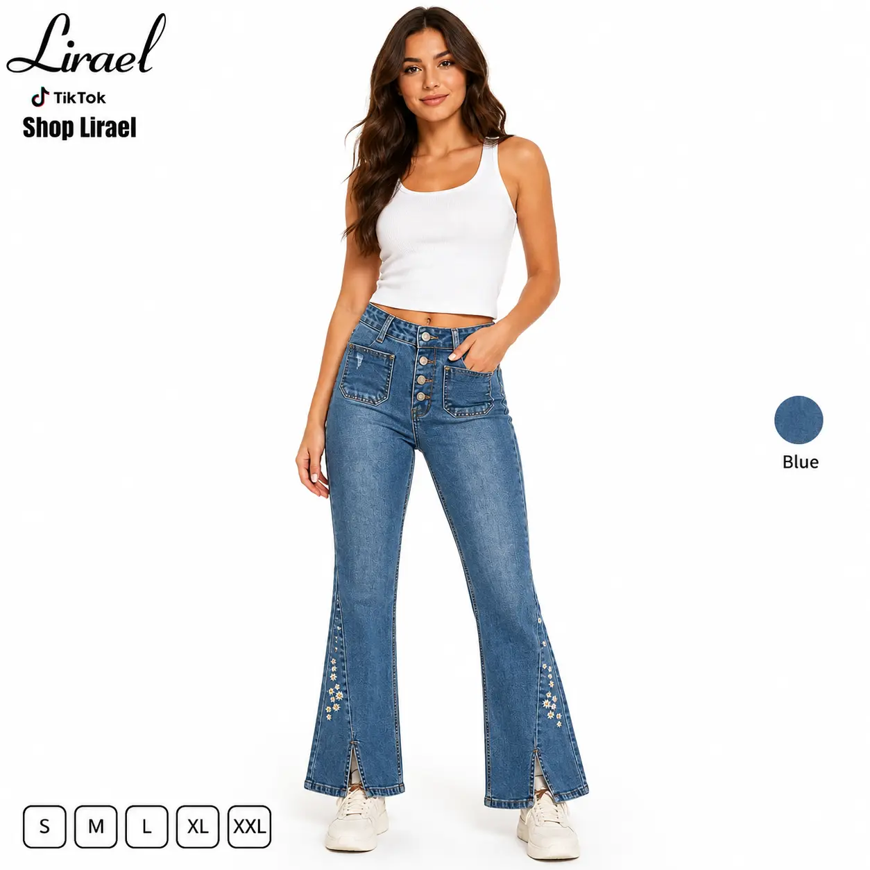 High-Waisted Flare Jeans Daisy Floral Embroidered Split Hem Vintage Button Fly Pocket Bootcut Trousers