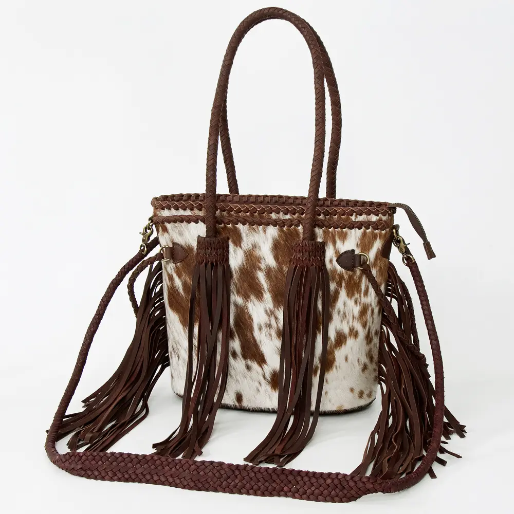 American Darling Tote Bag, Genuine Hair-On Cowhide & Leather with Fringes, Braided Handles Crossbody, 11in (H) X 12in (W)