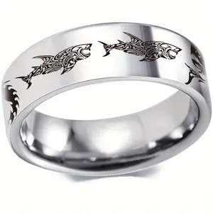 1pc 8mm Shark Pattern Stainless Steel Ring for Men, Fashion Men Jewelry