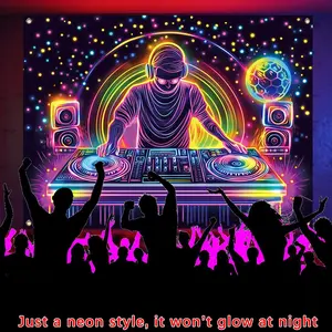 DJ Pattern Neon Sign Backdrop, 1 Count Fluorescent Effect DJ Pattern Backdrop, Party Decoration Supplies for Bar Nightclub Party, Party Decoration Supplies, Banners, Party Decorations Banners
