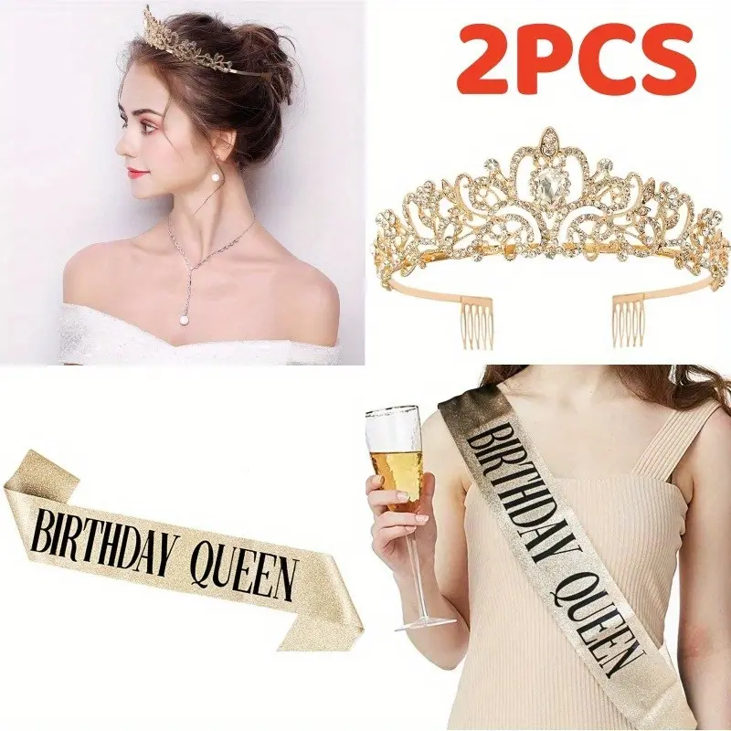 Gold-Plated Crystal Rhinestones Tiara Crown Set with Headband Comb & Flower Accents - Mom's Princess Look Hair Accessory for Bridal Gifting, Party Decor
