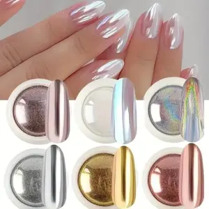 6-color holographic chrome magic mirror nail powder, nail powder set, white pearl aurora dazzling powder, laser sparkling nail powder, with magic gold silver mirror effect, used for nail art design decoration, the same as Haili nail art