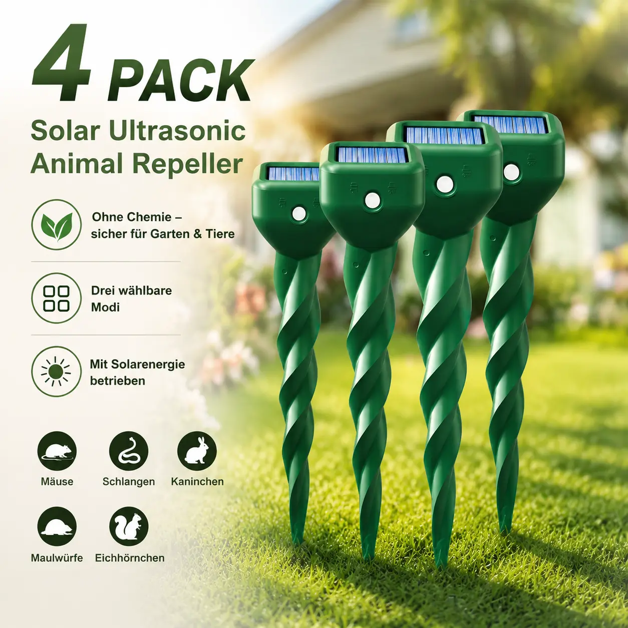 4/6/8 Pack Waterproof Solar-Powered Ultrasonic Pest Deterrent for Outdoor Yd, Lawn & Garden - Repels Mole, Snake, Gopher, Vole, Rabbit, Skunk & More, Animal Deterrence