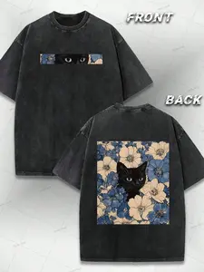 Unisex New T-Shirt, Washed Finish, American Vintage Streetwear Street Style Cat Print, Comfortable Relaxed Fit Casual Short Sleeve Tee