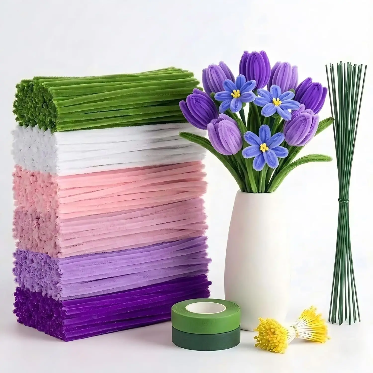 Pipe Cleaners for Craft Flowers, 800Pcs DIY Flower Making Kit - 30cm Chenille Stems 16 Colours with Floral Wire, Tape & Stamens, Arts and Craft Supplies for Kids & Adults, Creative Handmade Gift-YY-0714