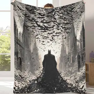 Gothic Hero Flannel Blanket Dark City Bat Silhouette Print Soft Warm Cozy Lightweight Design Perfect for Bedroom Decor Living Room Sofa Office Nap Movie Night Halloween Gift Anniversary Surprise Home Relaxation Use