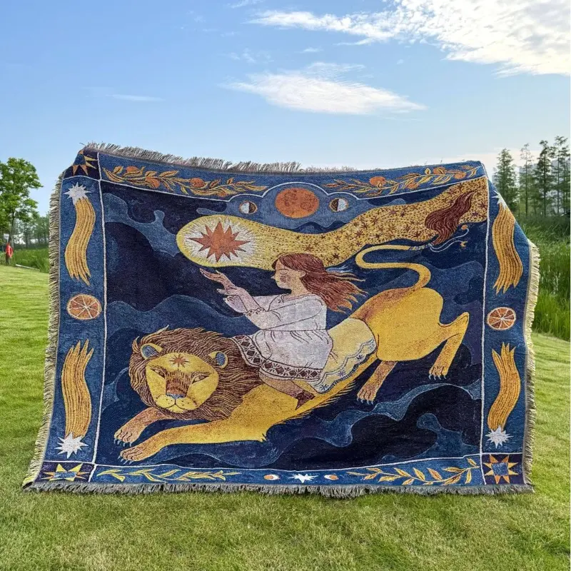 Gustav Klimt Inspired Leo Lion & Girl Art Print Woven Throw Blanket, Decorative Blanket, Vintage Abstract Celestial Tapestry Blanket, Multi-use Wall Decor, Sofa Cover & Outdoor Camping Picnic Mat, Courtyard Garden Tent Mat Washable Warm Blanket