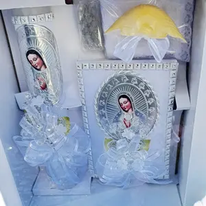 5pcs Traditional Baptism Candle Set - 8” Candle, Rosary, New Testament, Decorative Elements in Box for Boys & Girls (English & Spanish, White) with Decoration