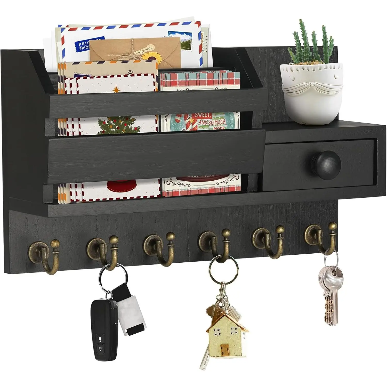 Key Holder Wall Mount, Wooden Key Mail Holder with Drawer Key Organizer Mail Sorter with 6 Key Hooks Key Rack with Shelf for Entryway Doorway Hallway Black