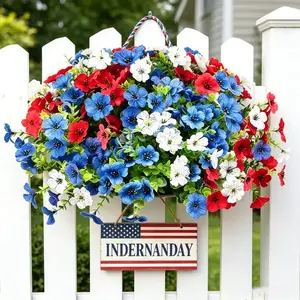 Artificial flowers and artificial plants for outdoor use, spring decorations, red, blue, and white daisies, UV-resistant, suitable for porches, courtyards, window box planters, ideal for Labor, Mother's, Memorial & Independence Day.
