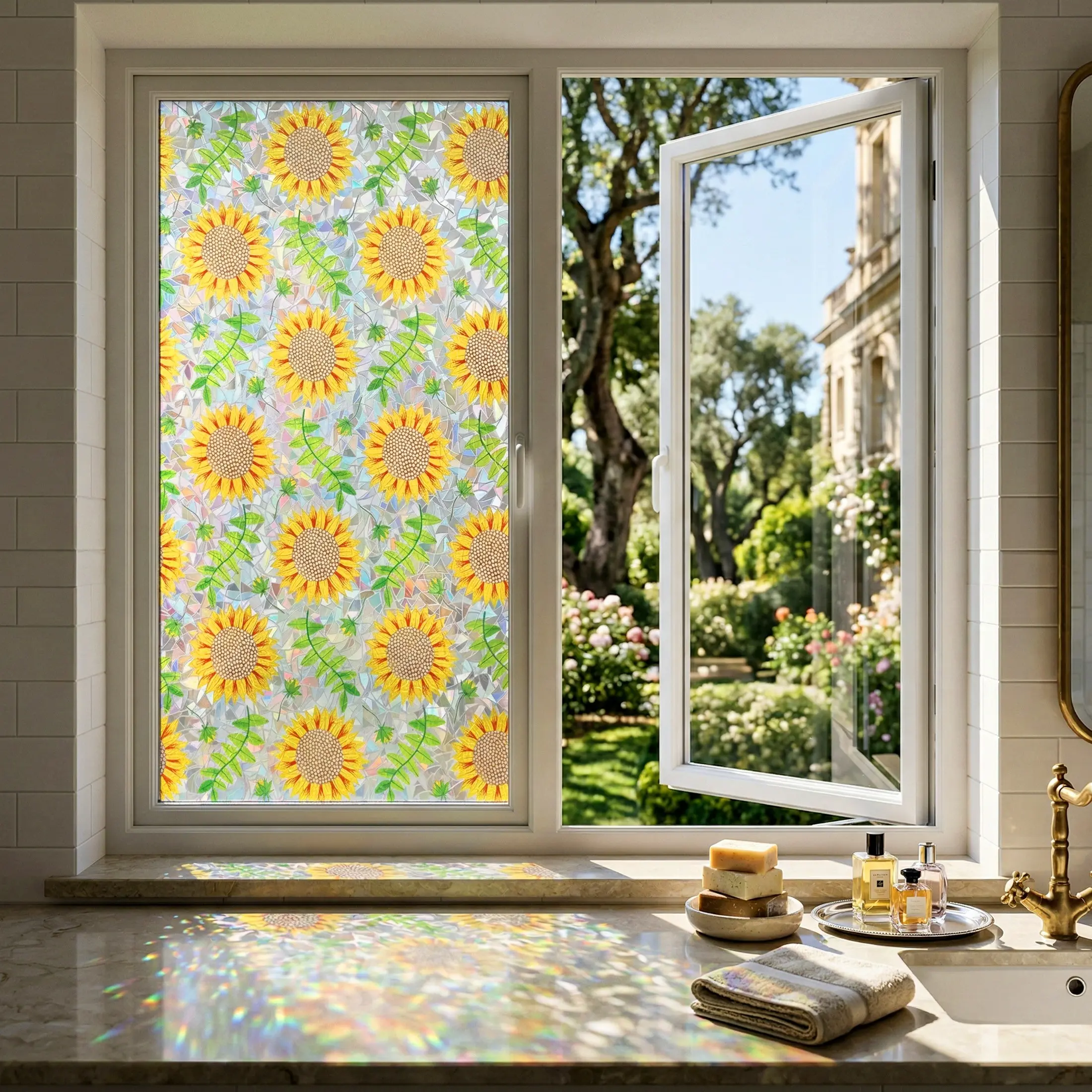 1 Roll Sunflower Static Cling Window Film 44.5CM (17.5 Inch), Free Installation Tool Included, Holographic Rainbow Prism Suncatcher Window Sticker, No Glue Removable Privacy Window Decal for Bathroom Kitchen Home Decor