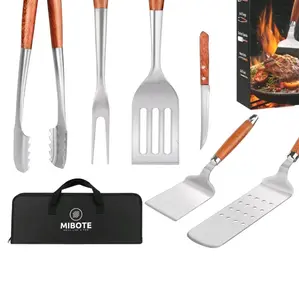 Heavy-Duty Rosr wooden BBQ Grilling  Toolset,Extra thick stainless steel multi-function Spatula fork& tongs Essential Accessories with organizer bag for Barbecue&Grill ldeal Gift for father