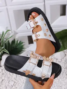 Women's Rhinestone Rivet Thick Sole Sandals, Millennial Style Decorative Buckle, Gothic Summer Flip Flops, Casual Streetwear, Punk Vacation Shoes