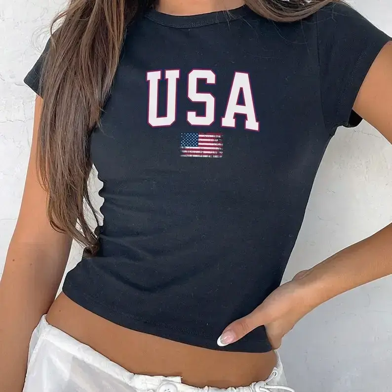 USA Coquette Flag Baby Tee, Distressed 4th of July Crop Top, Retro USA BabyTee, Y2k Usa Flag Tee, Usa shirt, 4th of july flag Shirt, Merica