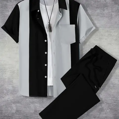 Two-Piece Set Men's Colorblock Striped Print Button Front Shirt & Plain Drawstring Waist Pants, Regular Fit Casual Short Sleeve Pocket Top & Trousers for Summer, Co Ord Sets Men's Clothes for Daily Wear, Casual Style Set, Menswear