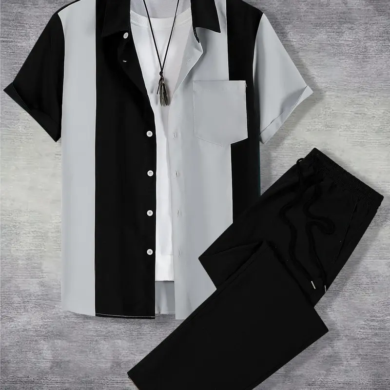 Two-Piece Set Men's Colorblock Striped Print Button Front Shirt & Plain Drawstring Waist Pants, Regular Fit Casual Short Sleeve Pocket Top & Trousers for Summer, Co Ord Sets Men's Clothes for Daily Wear, Casual Style Set, Menswear