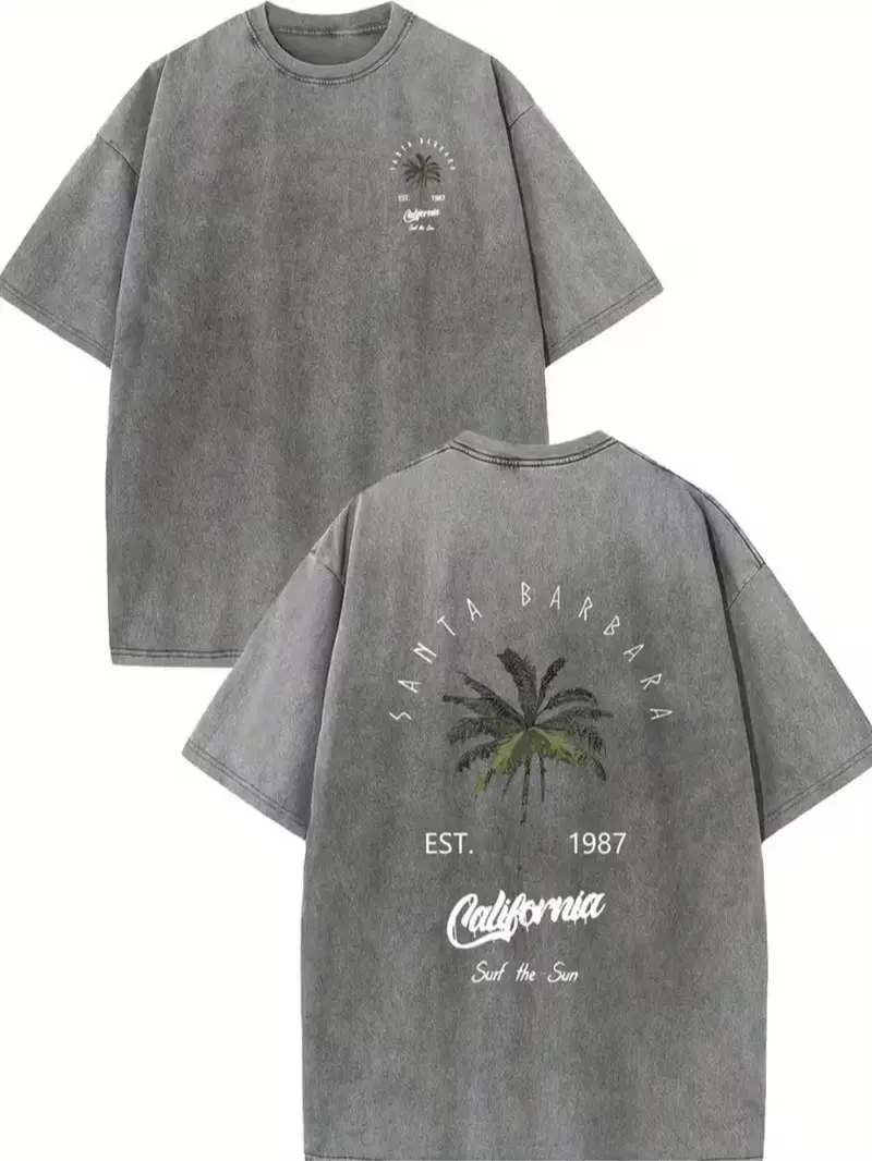 Women's Retro Santa Barbara Vintage Washed Palm Tree Cotton T-Shirt - Street Style Short-Sleeve Round Neck Breathable Casual Top for Summer Grey Outfits summerwins