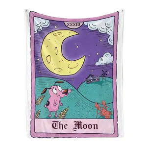 Courage the Cowardly Dog The Moon Tarot Card Flannel Fleece Blanket – Whimsical tarot-style design featuring Courage under a glowing crescent moon, blending retro cartoon charm with mystical vibes, perfect for fans and cozy, spooky nights