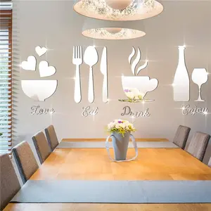 17 Pieces Kitchen Wall Decor Acrylic Mirror Wall Stickers, Fork Spoon Bowl Tea Cup Bottle Sign 3D Mirror Decal, Kitchen Wall Mirrors Decor DIY Detachable Mural Sticker for Living Room, Dining Room