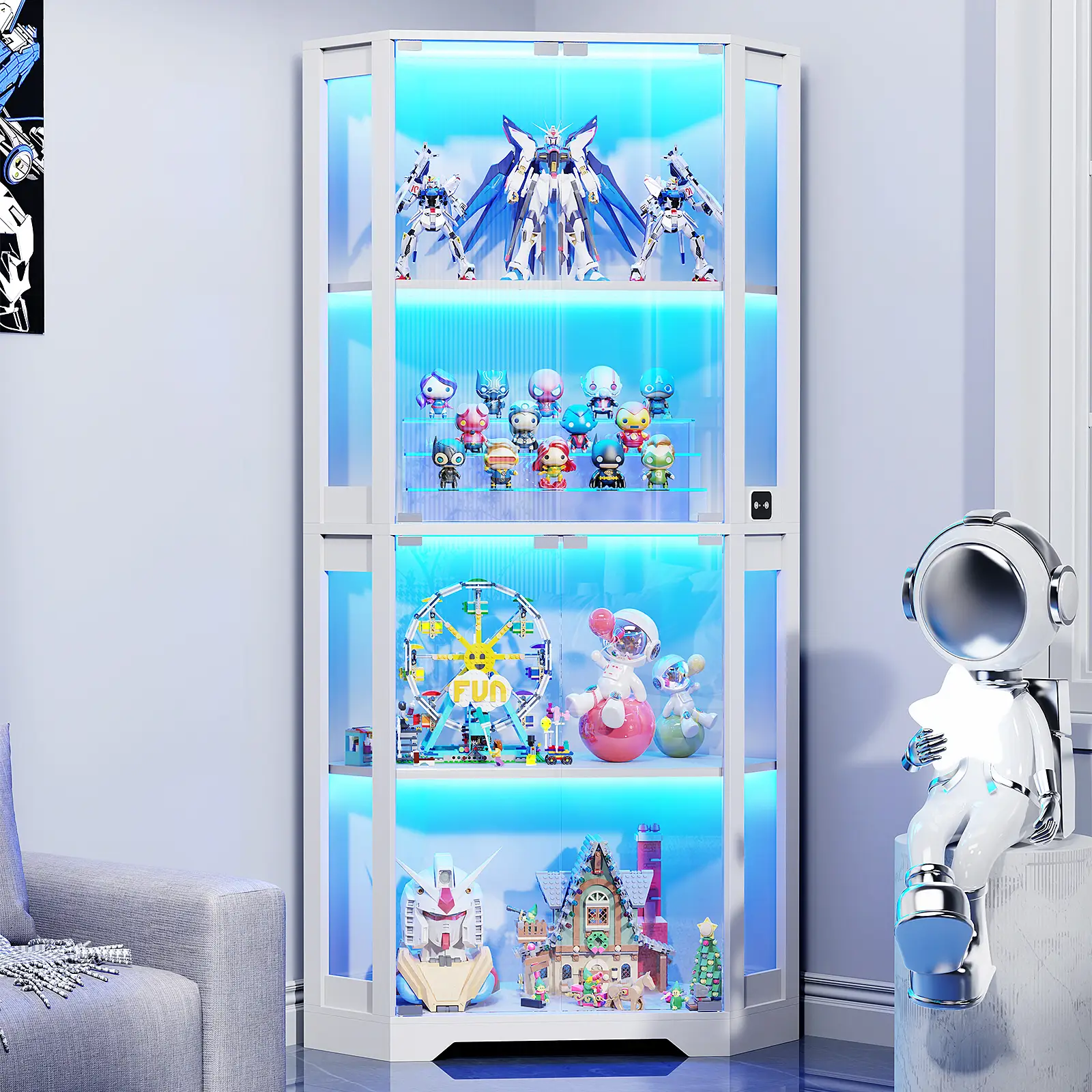 MIIFUNY Corner Display Cabinet with Glass Doors, 65" Lighted Curio Display Case with 3 Color Lights for Collectibles, 4-Tier Bookcase with Human Body
