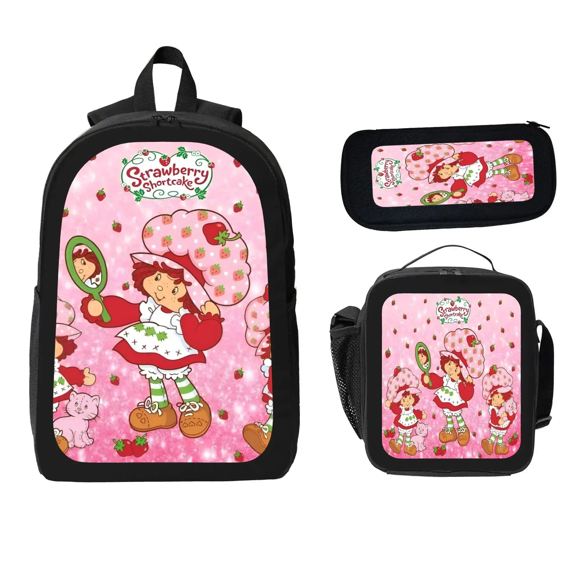 Strawberry Shortcake Backpack With Lunch Box Pencil Case 3 In 1 For Boy Girl Teen Schoolbag Lightweight Large Capacity 600D Oxford Cloth Adjustable Straps Comfortable Mesh Back Cushioning backpack goals-A
