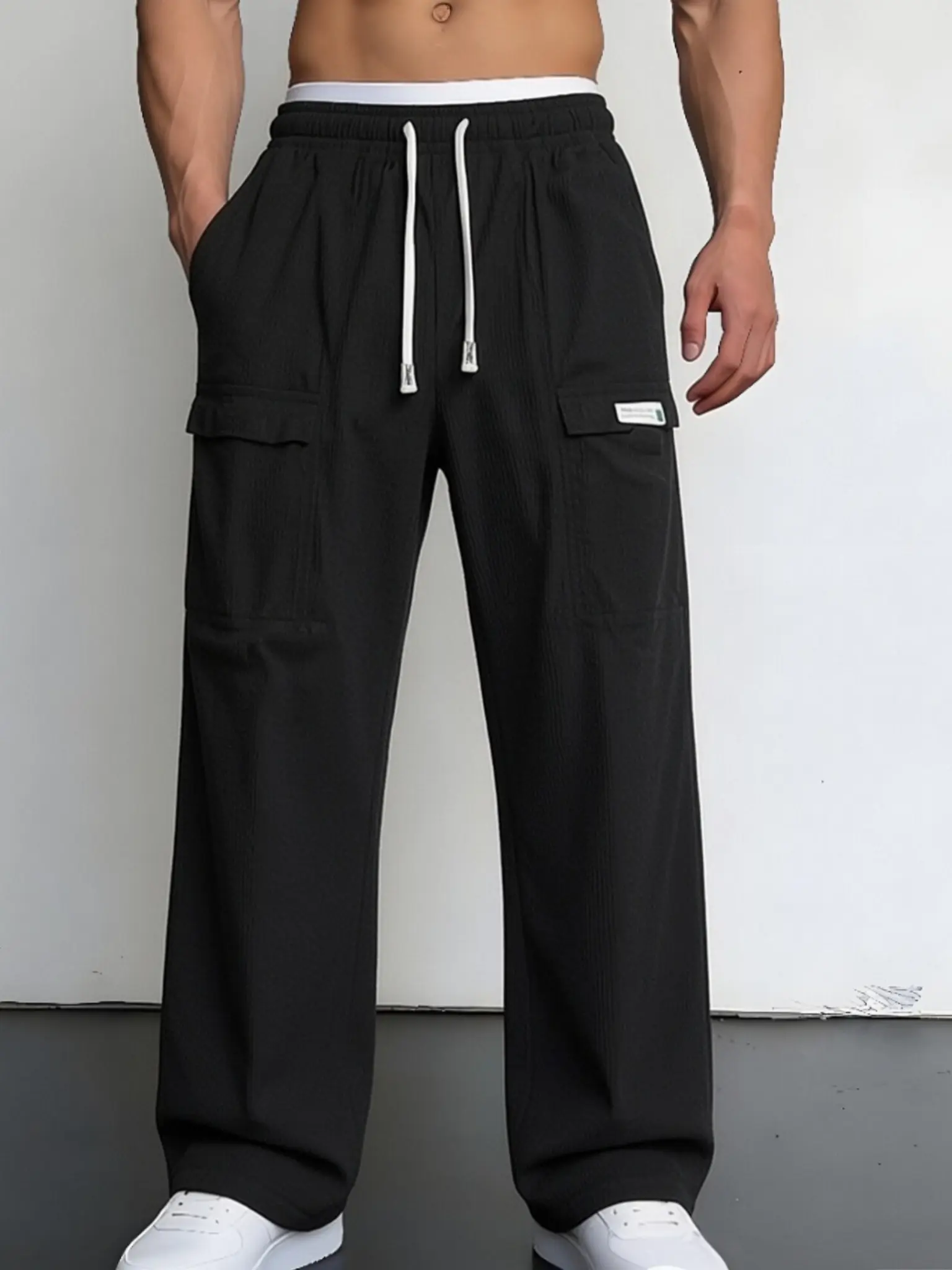 Men’s Cargo Work  — Multi-Pocket Zippered  Athletic Street Style Solid Color Elastic Waist Versatile Full-Length Trousers for All Seasons bottom clothing  men Casual Loose-Fit Drawstring Pants slacks Baggy Wide Leg Sweatpants