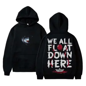IT We All Float Down Here Hoodie, Pennywise Graphic Pullover Hoodie, Vintage 90s Horror Movie Merch, Retro Scary Film Fan Gift