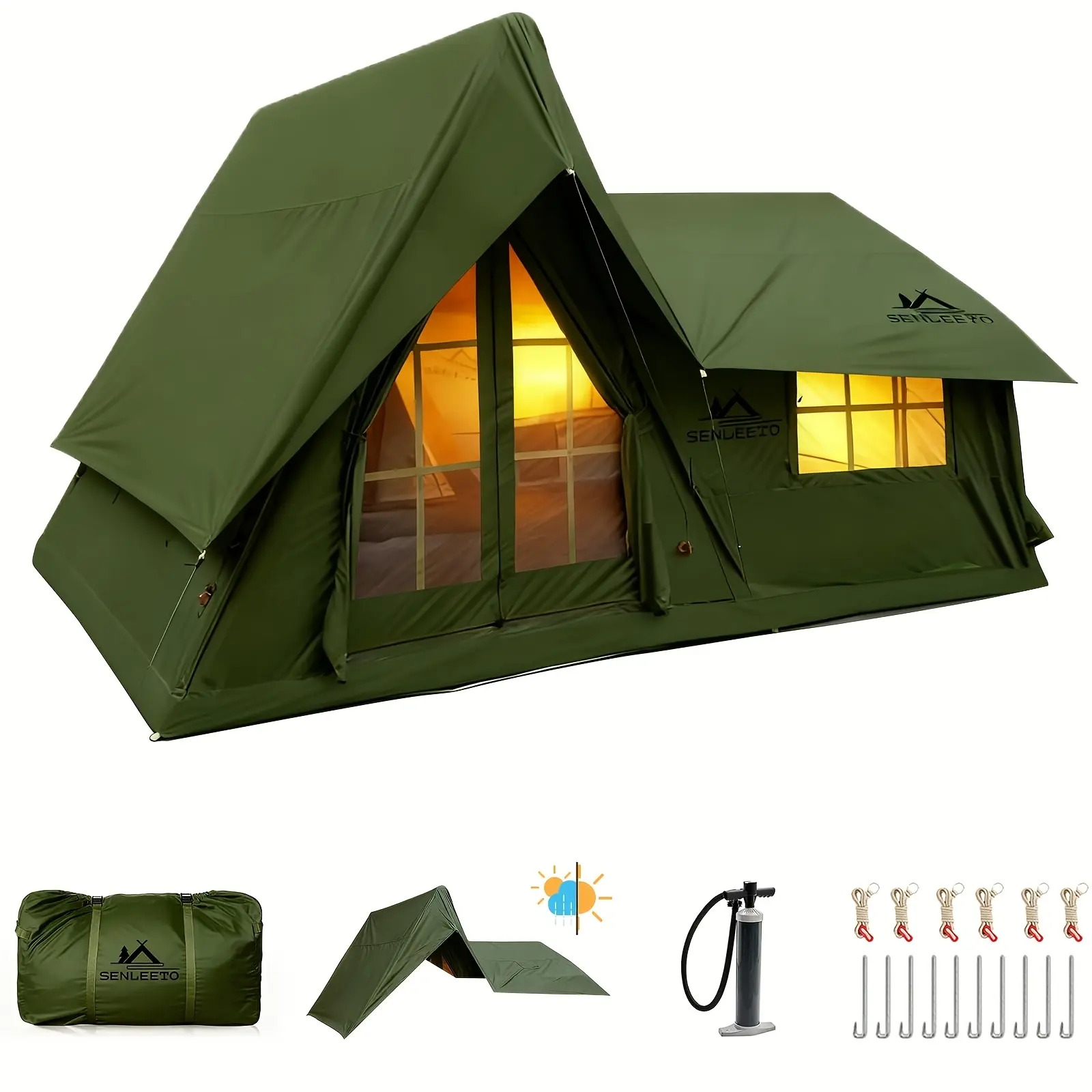 6-8 Person Large Inflatable Tents for Camping, 4 Season Blow Up Tents with Canopy/tent Fly, Luxury Inflatable Tent House with Stove Jack, Easy Setup Inflatable Camping Tent.