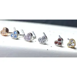 1pc CZ Gem Paved Heart L-Bend 20g Nose Ring Stud Screw 316L Surgical Steel