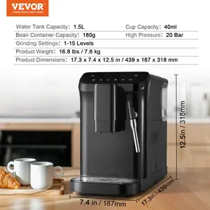 VEVOR Automatic Espresso Machine, 20 Bar Auto Coffee Machine with Frother Steam Wand, Built-In Grinder and 15-Level Grinding Settings, Professional Espresso Coffee Maker with 1.5L Water Tank