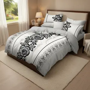 4-Piece Bed Sheet Set | Black White Boho Flower Duvet Cover & Fitted Sheet | Wrinkle & Fade Resistant Microfiber | 4 Corner Ties Deep Pocket | Twin Queen King Cal-King | Skin-Friendly & Machine Washable