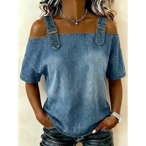 Fisoew Womens Cold Shoulder Denim Top Adjustable Buckle Strap Short Sleeve Vintage Streetwear Jean Blouse Casual Loose Fit Off Shoulder Shirt
