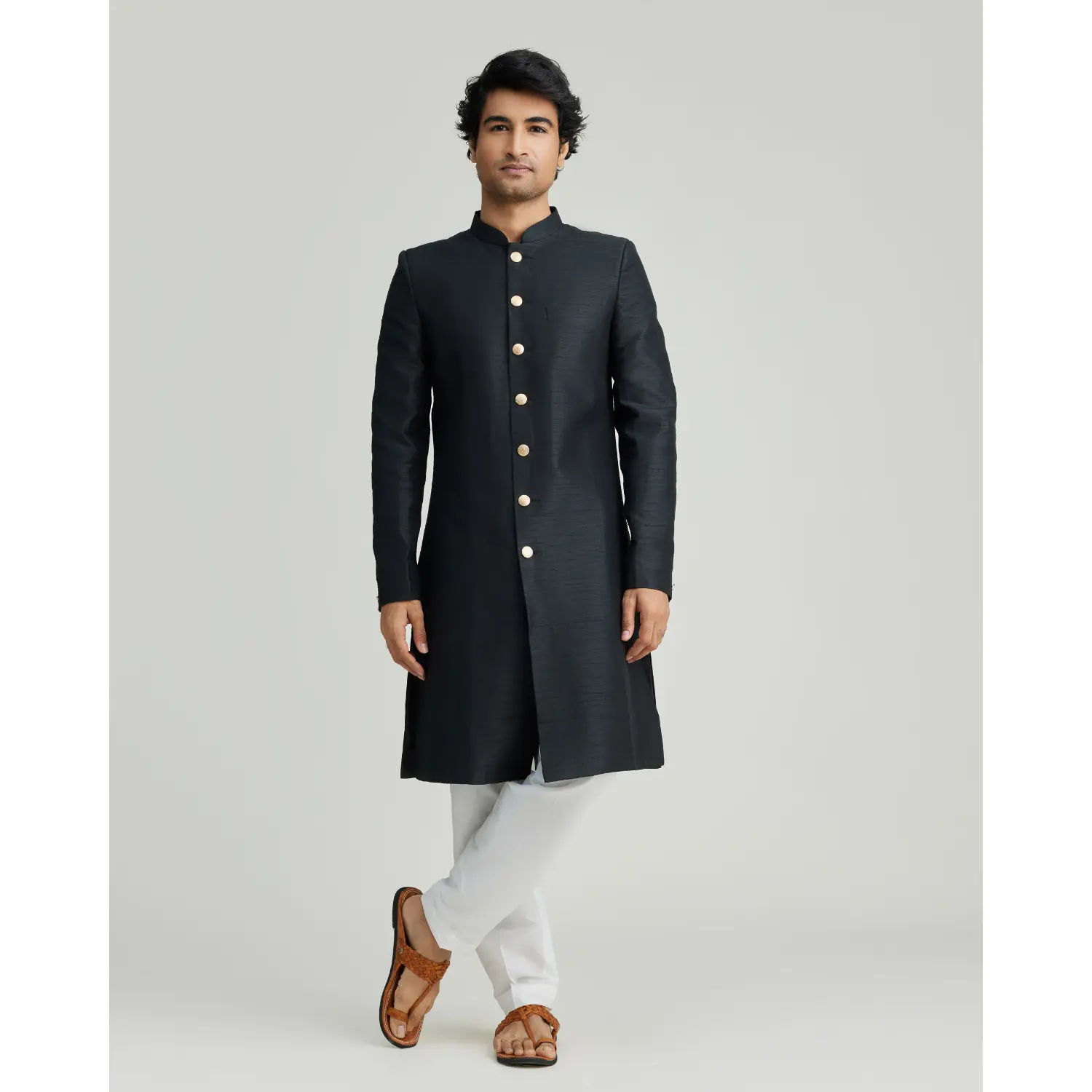Kiaan Sherwani - Black Artificial Raw Silk with Gold Accents, Mandarin Collar, Gold Button Closure, Tailored Fit, Satin Lining, Perfect for Weddings & Formal Occasions (Pants Sold Separately)