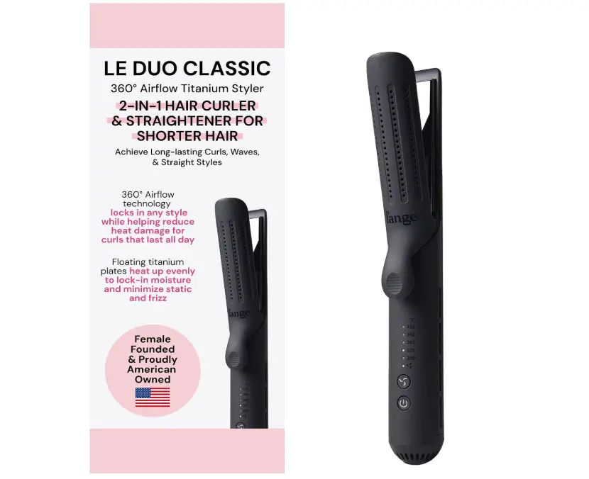 L’Ange Hair Le Duo Standard 360° Airflow Styler | Curl & Straighten with One Tool | 3.5" Snag-Free Titanium Plates | Cooling Air Vents to Set Curls | Adjustable Temp & Auto Shut-Off | Black
