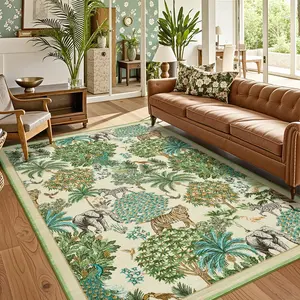 GARVEE Jungle Animal Print Rug 5x7 - Washable, Non-Slip, Low Pile Area Rug with Stain Resistance for Living Room, Bedroom, Dining Room, Playroom, Nursery - Beige