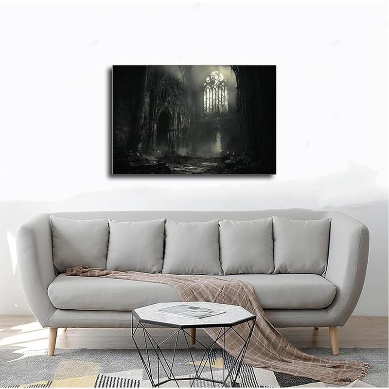 XAHOR Abandoned Gothic Cathedral Wall Art – Dark Horror Architecture Print – Vintage Black And White Canvas Wall Art Print Poster For Home School Office Decor 12x18inch(30x45cm)