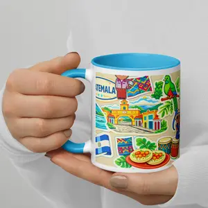 Colorful Printed Guatemala Coffee Ceramic Mug Set - Reusable, Washable Drinkware for Guatemalan Culture Gifting, Illustrated Cafecito Cups