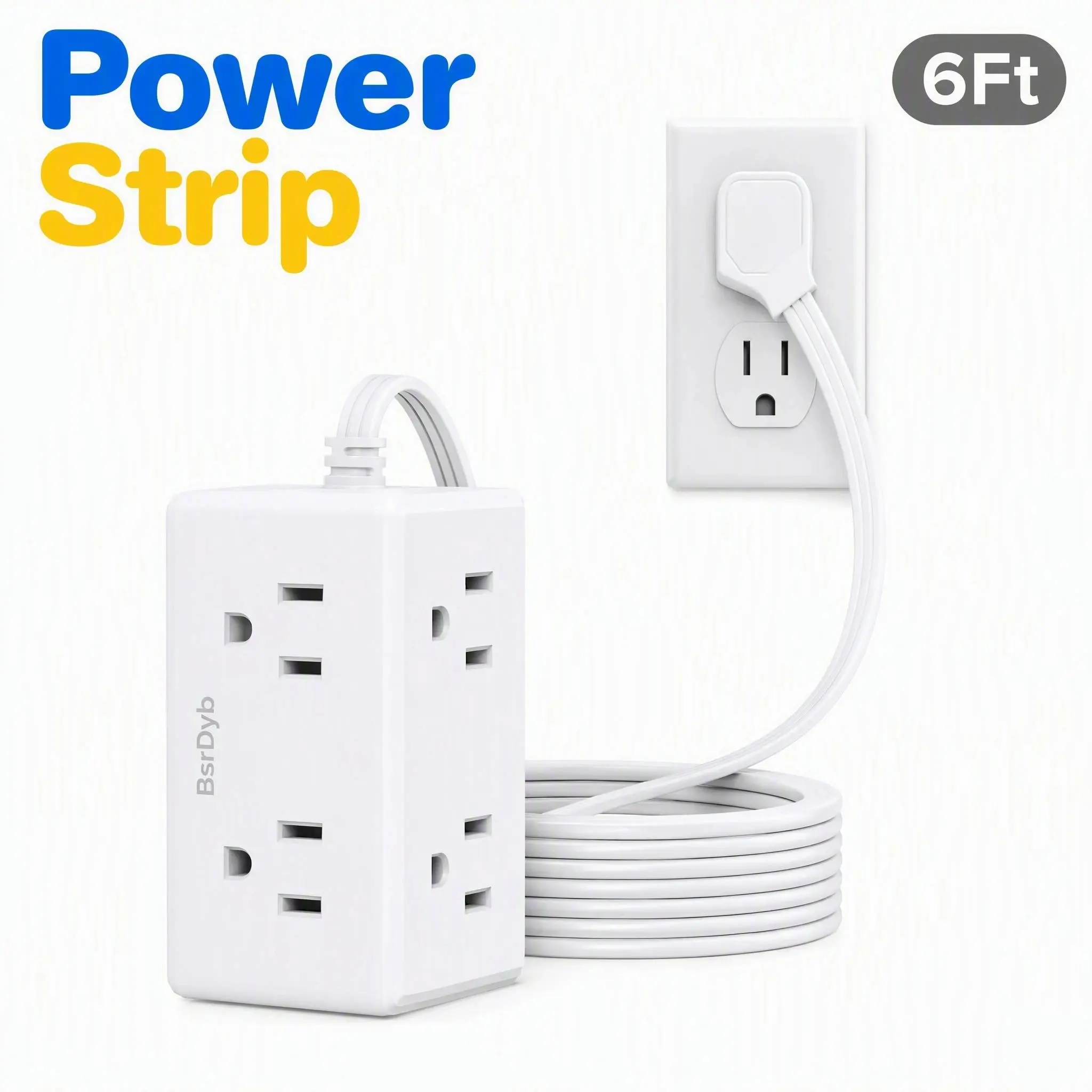 Multi Plug Outlet - 6Ft Flat Plug Ease Extension Cable, 3-Sided Wall Outlet Extender with 6 Outlets/6 Sockets, Wall Mount, ETL Listed, No Surge Protection, Cruise Ship Essential for Desktop Use Surge Protector Power Strip