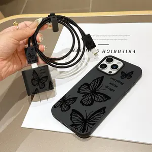 6-Piece Set Liquid Large Hole Fashion Butterfly Pattern Phone Case Charger Head Cover + Cable Protector + Storage Rope + Data Line Protection Cord Organizer Accessories