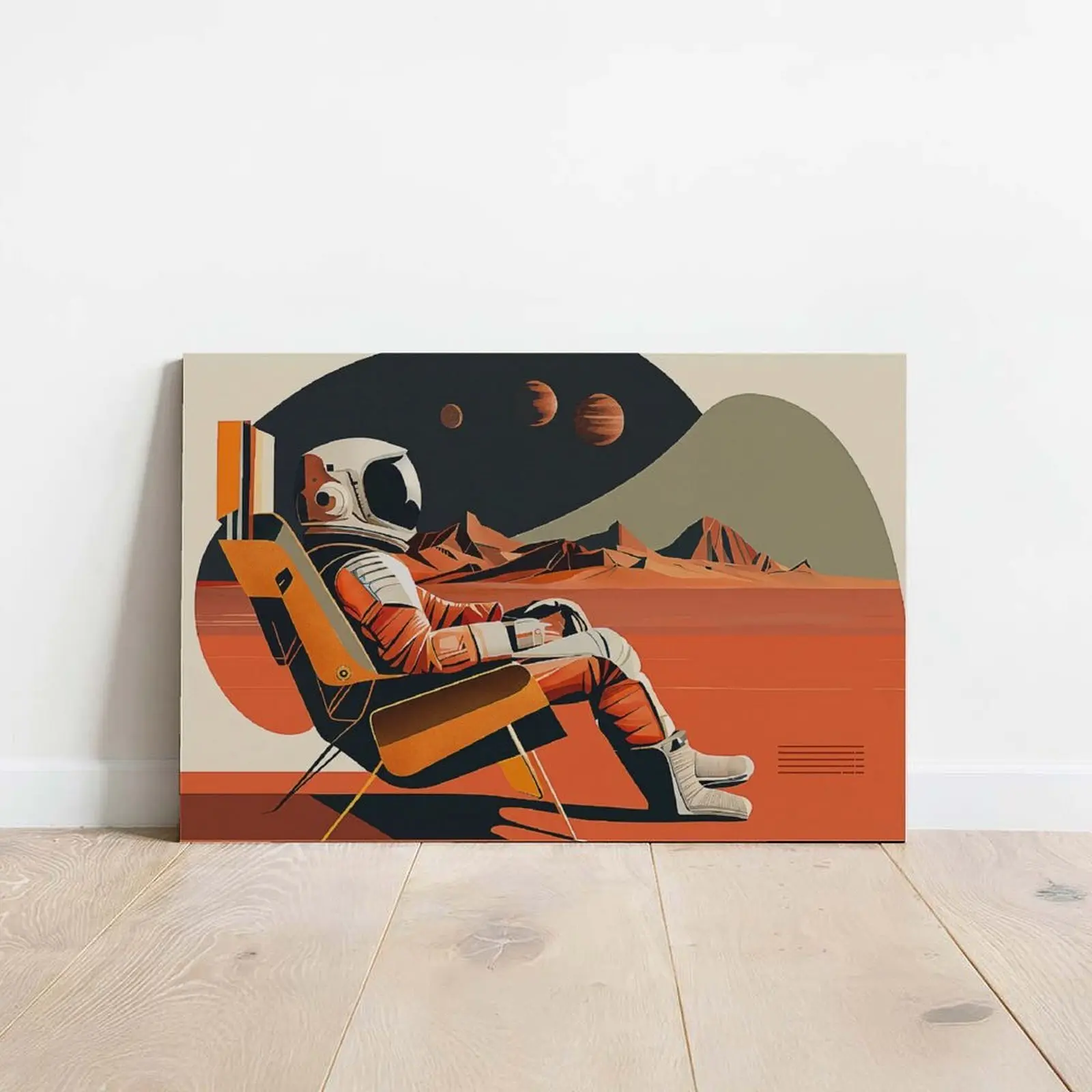 Retro Sci-Fi Astronaut on Mars Canvas Wall Art | Mid-Century Space Poster | Unframed Room Decor | Chill Space Landscape Art